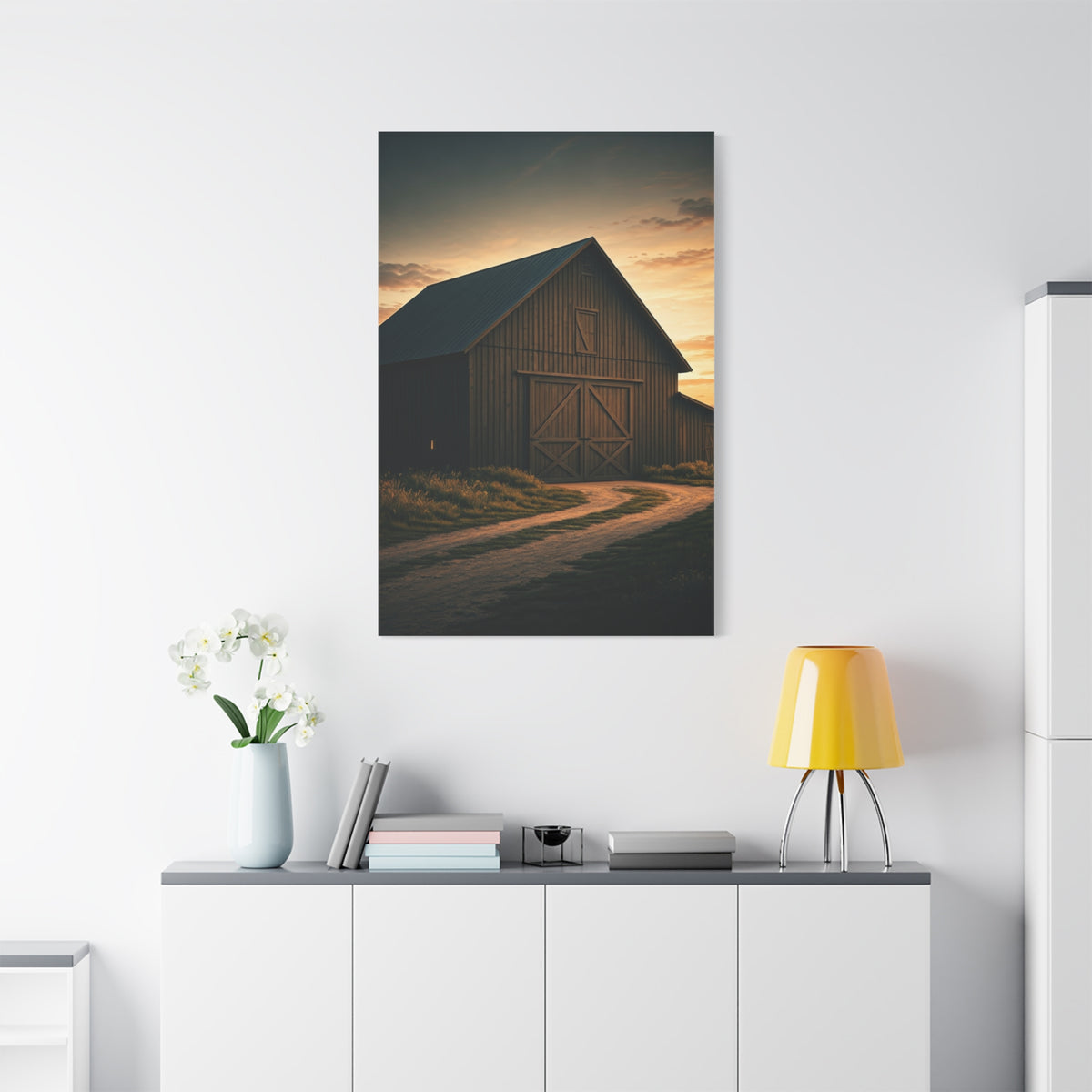 Country Road Barn at Dusk Wall Art & Canvas Prints