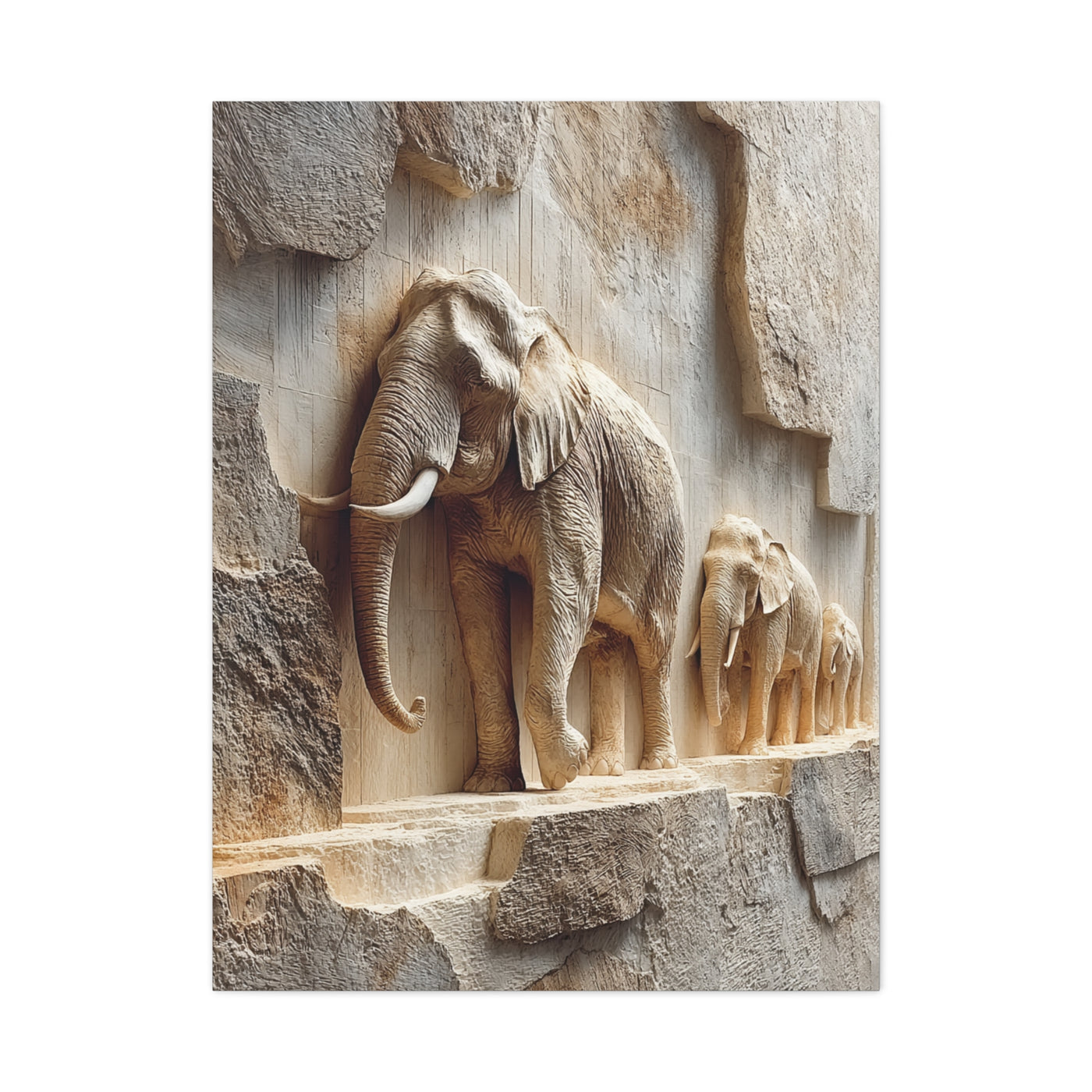Elephant Procession Stone Relief Wall Art & Canvas Print