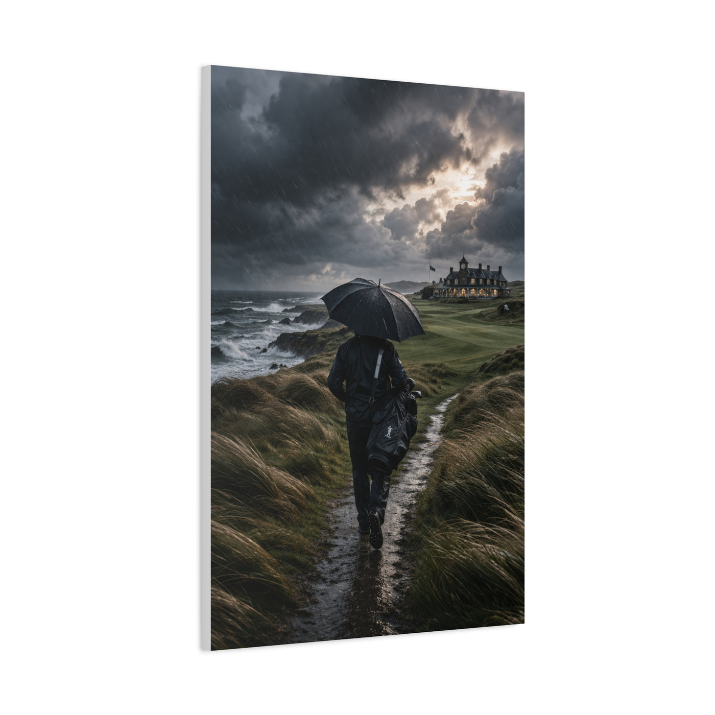 Stormy Seaside Golfer Journey Wall Art & Canvas Print