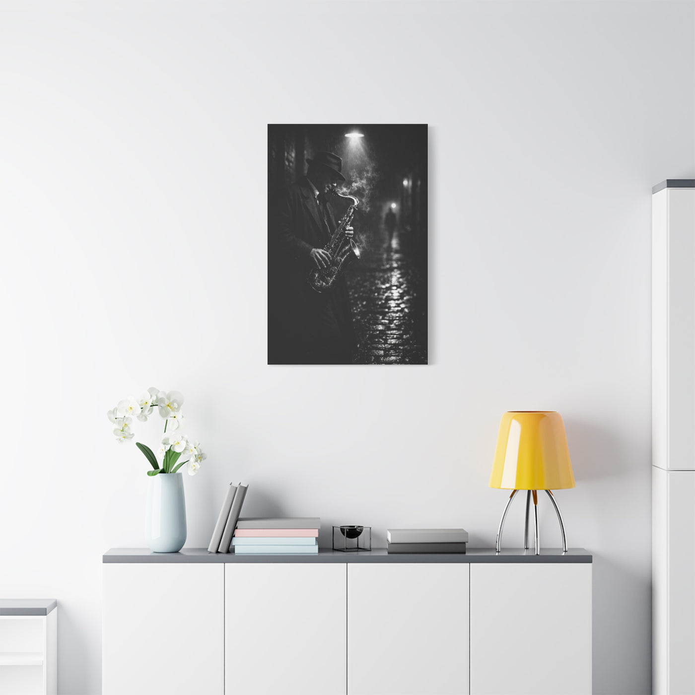 Noir Jazz Saxophone Alley Wall Art & Canvas Print