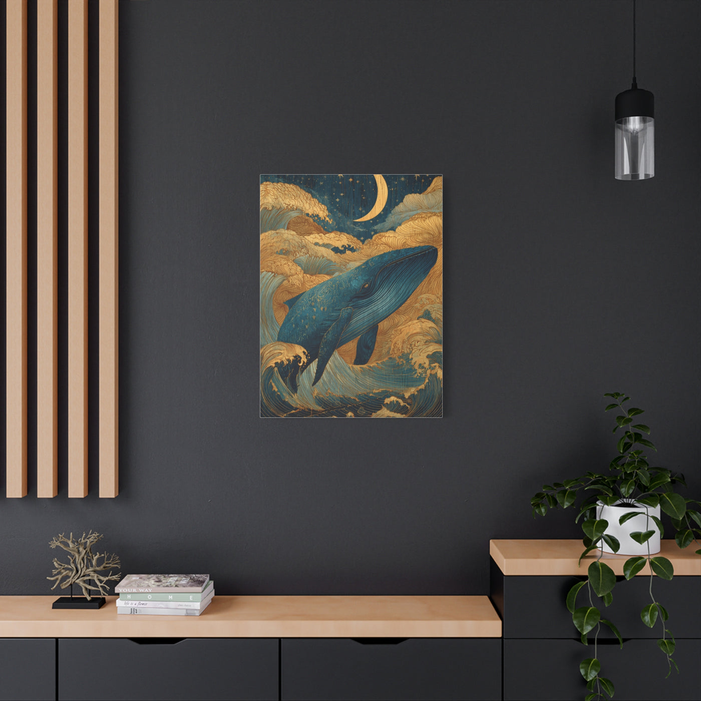 Folk Whale Moonlit Ocean Wall Art & Canvas Print