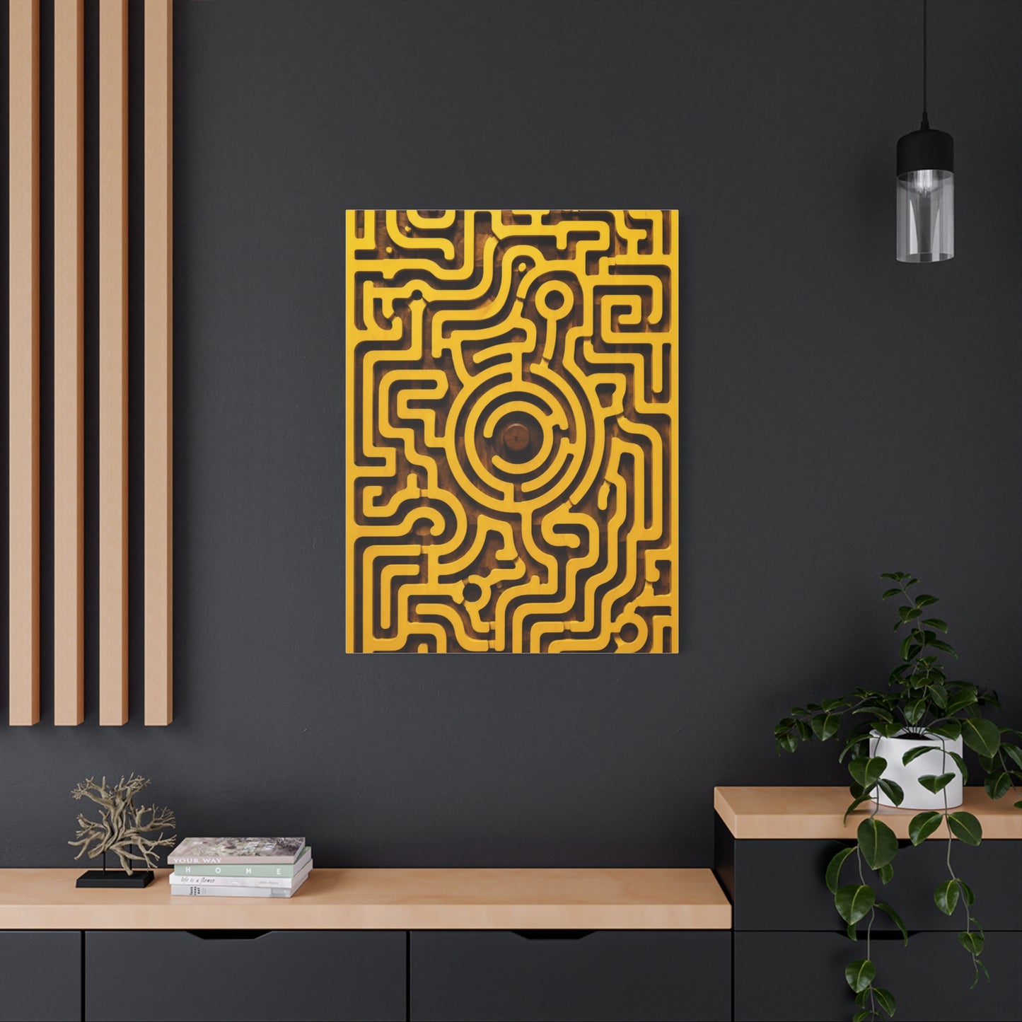 Circular Labyrinth Yellow Relief Design Wall Art & Canvas Print