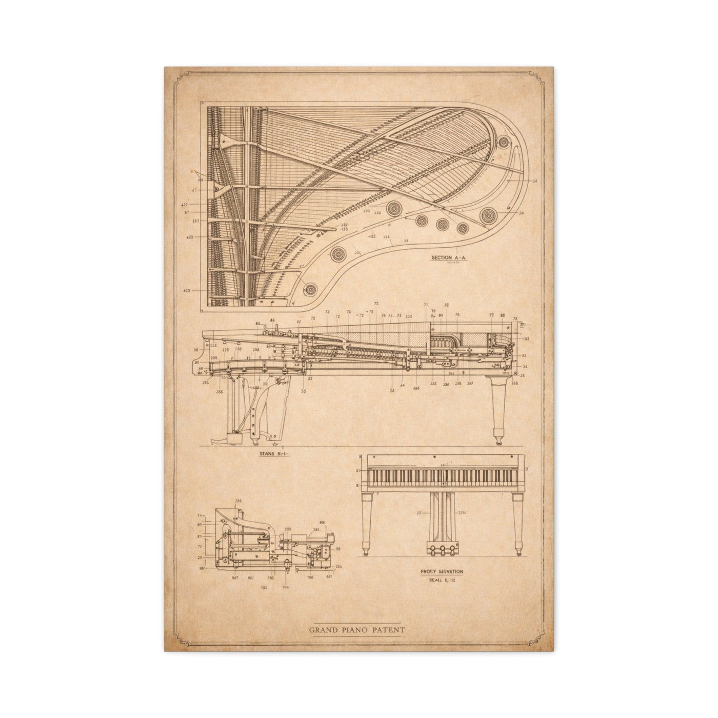 Grand Piano Blueprint Study Wall Art & Canvas Print