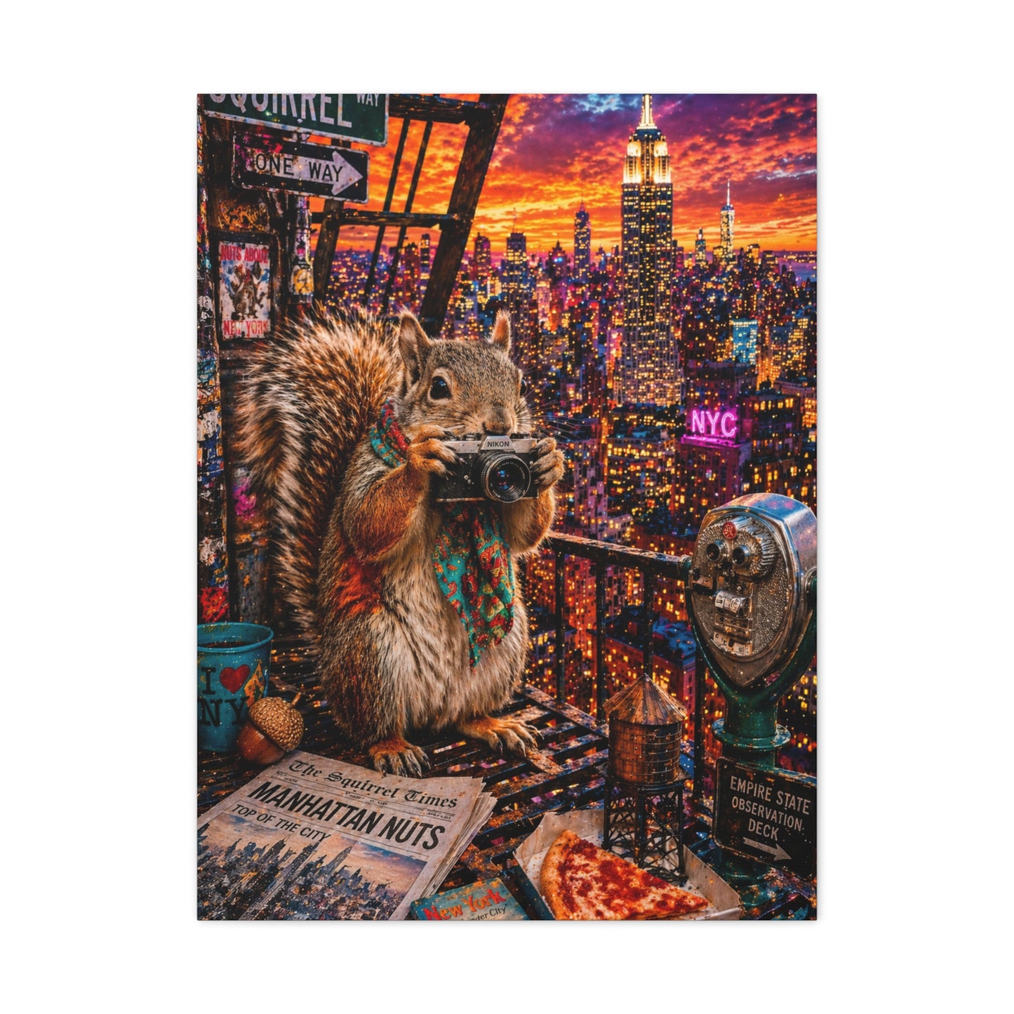 Surreal NYC Squirrel Rooftop Scene Wall Art & Canvas Print