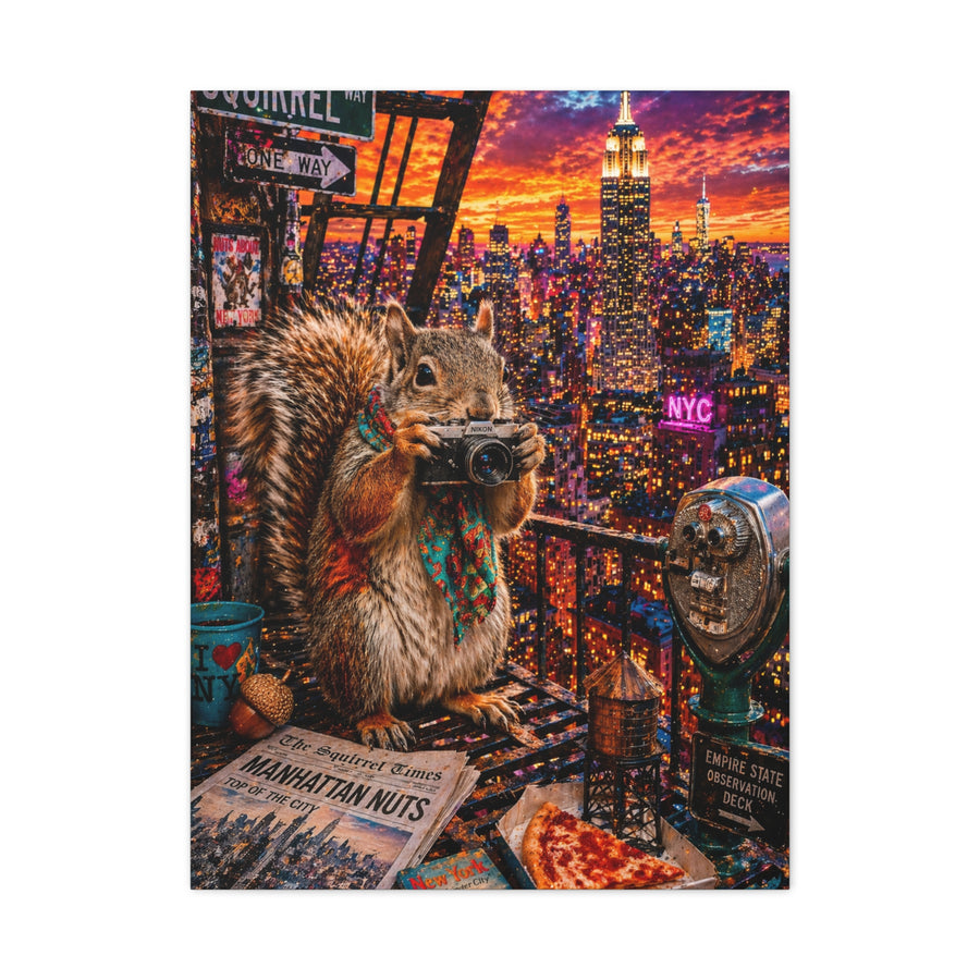 Surreal NYC Squirrel Rooftop Scene Wall Art & Canvas Print