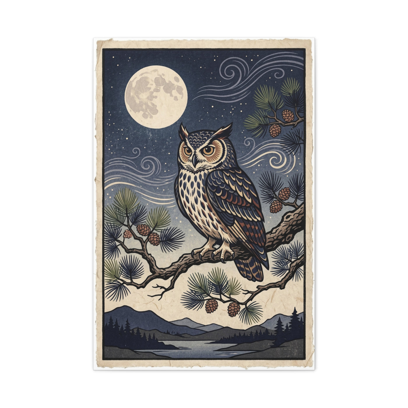 Vintage Moonlit Owl Woodblock Wall Art & Canvas Print