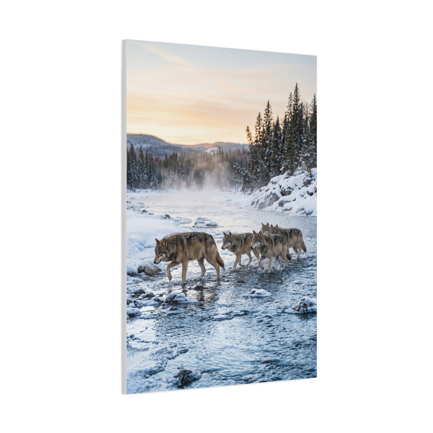 Winter River Wolf Pack Crossing Scene Wall Art & Canvas Print