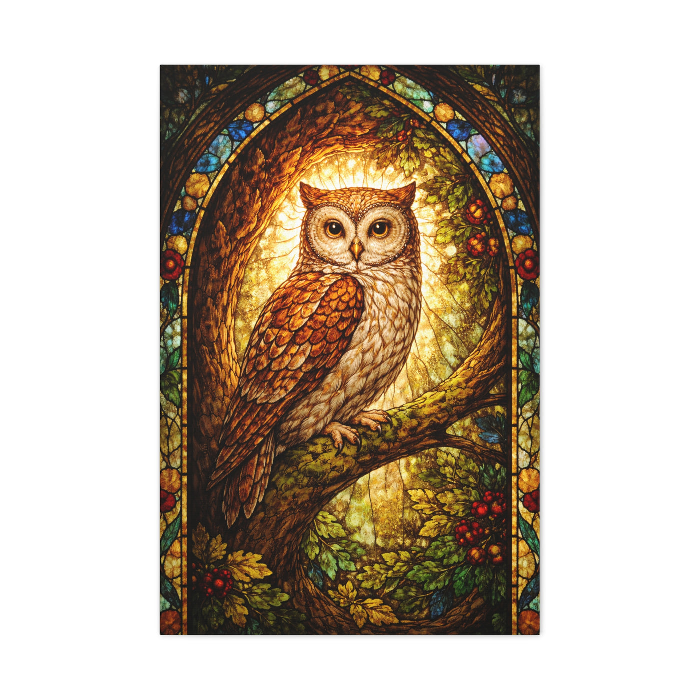Stained Glass Forest Owl Window Wall Art & Canvas Print