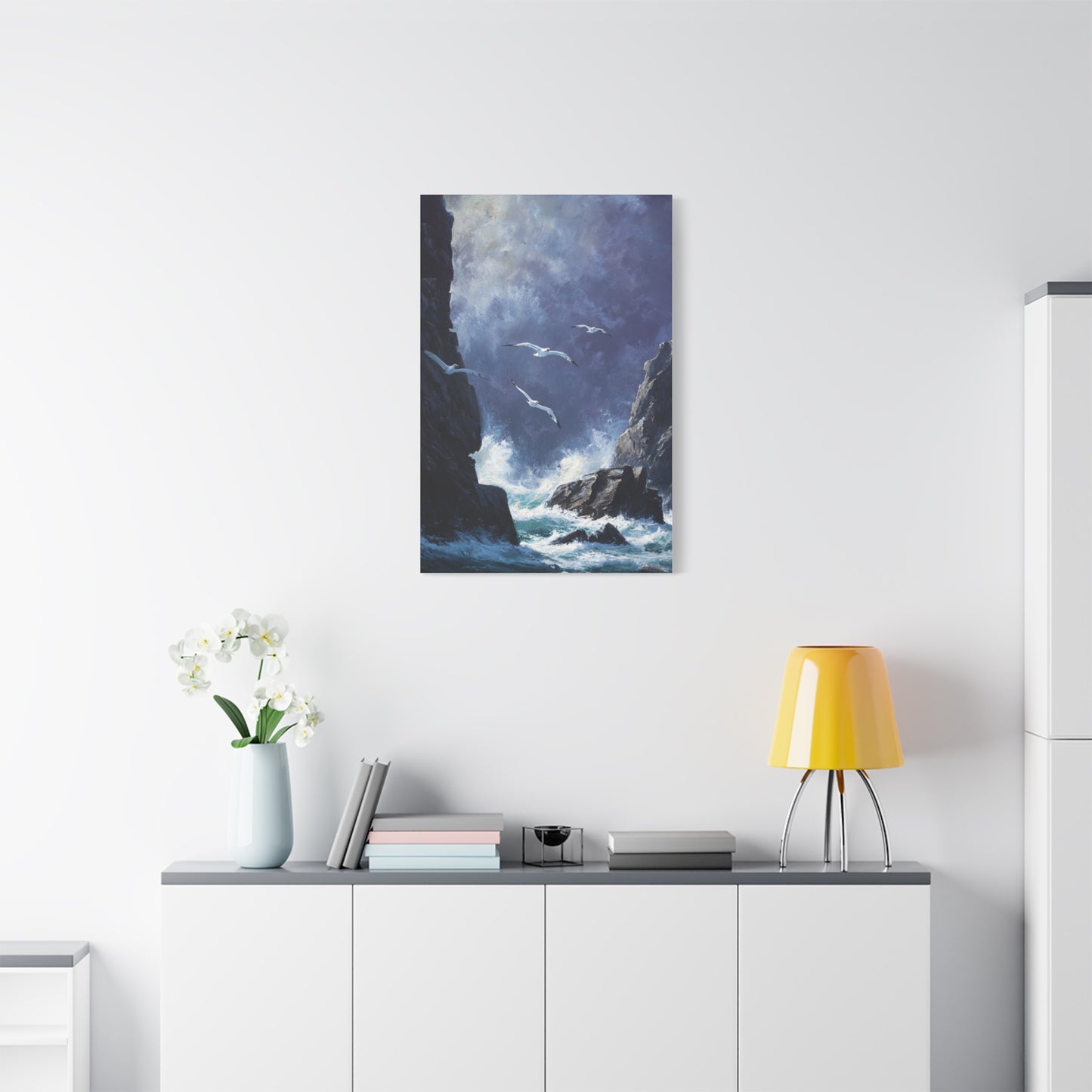 Seagulls Flying Above Crashing Coastal Waves Wall Art & Canvas Print