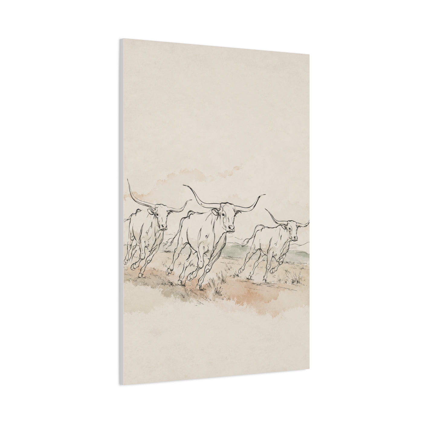 Running Longhorn Line Sketch Panorama Wall Art & Canvas Print