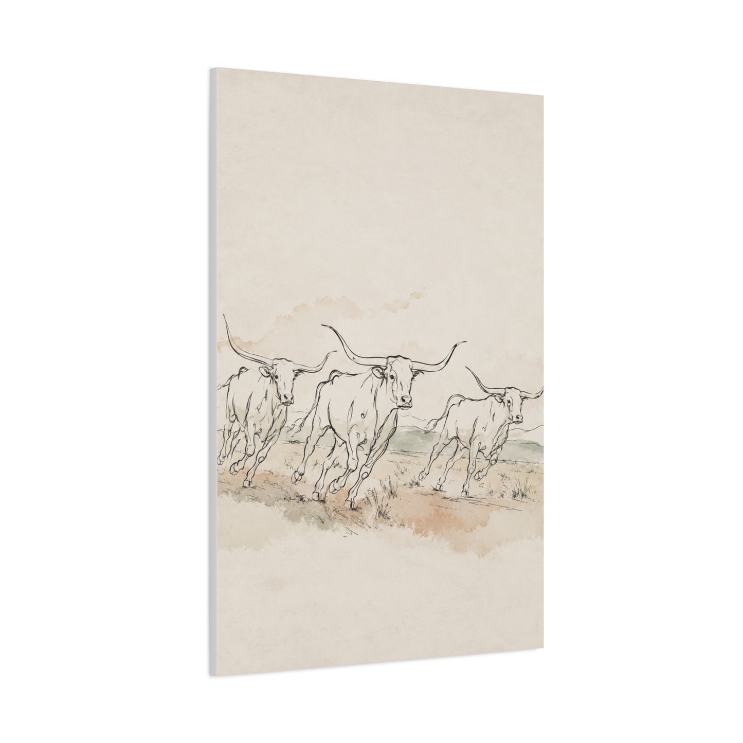 Running Longhorn Line Sketch Panorama Wall Art & Canvas Print