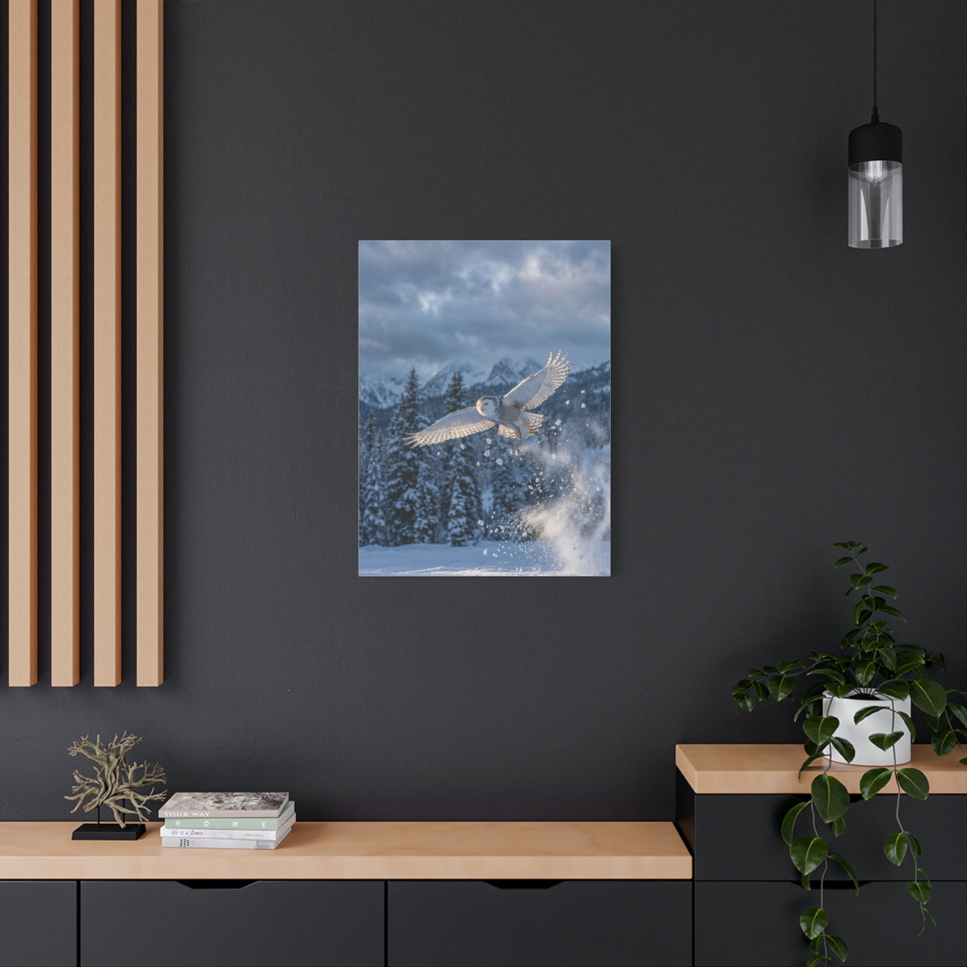 Snowy Owl Mountain Flight Wall Art & Canvas Print