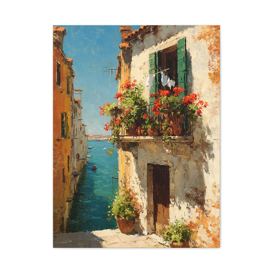 Italian Coastal Balcony Painting Wall Art & Canvas Print