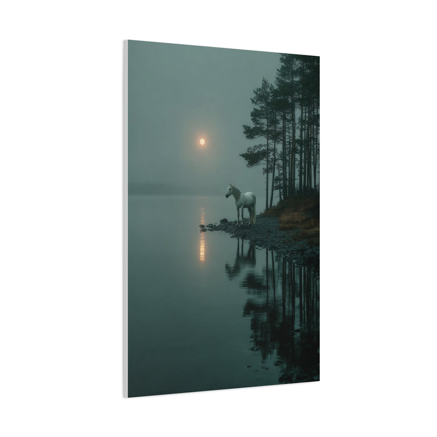 Gray Horse Moonlit Lake Wall Art & Canvas Print