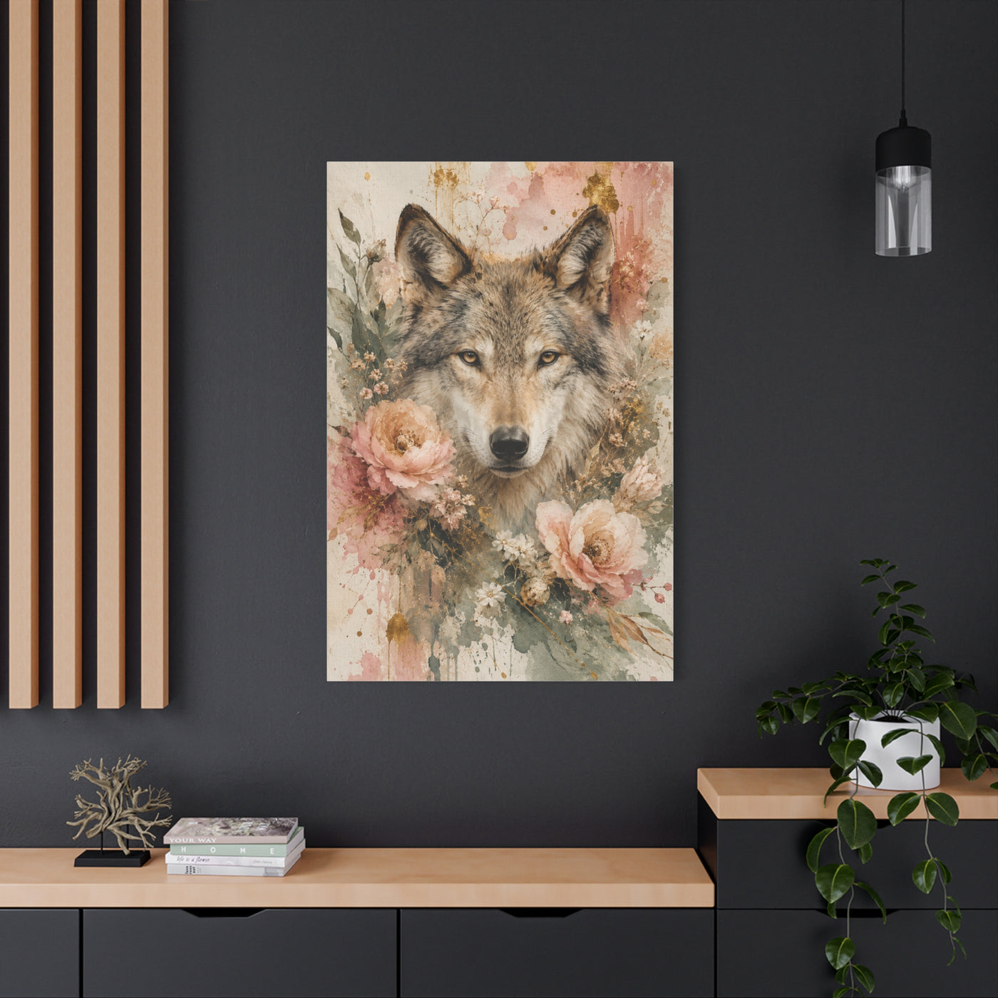 Boho Floral Wolf Portrait Blush Composition Wall Art & Canvas Print