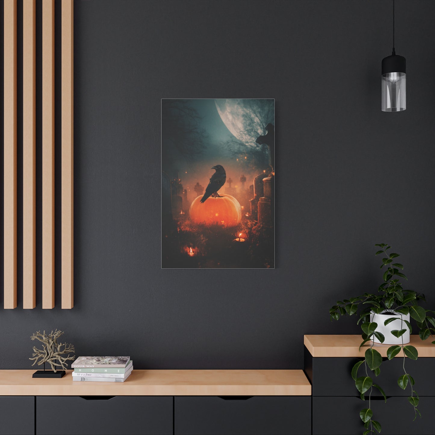 Crow on Pumpkin in Moonlit Graveyard Wall Art & Canvas Print