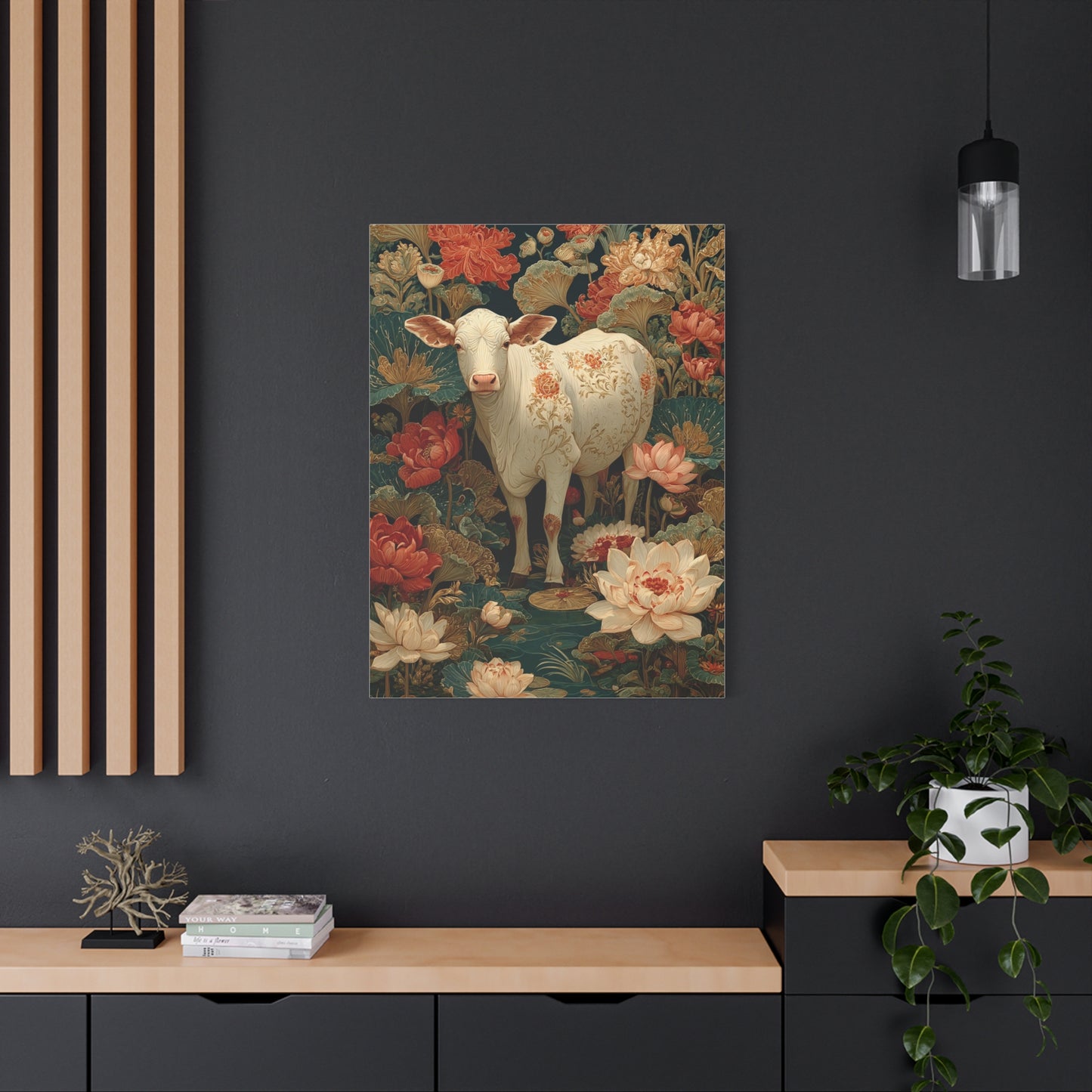Pichwai White Cow Lotus Garden Wall Art & Canvas Print