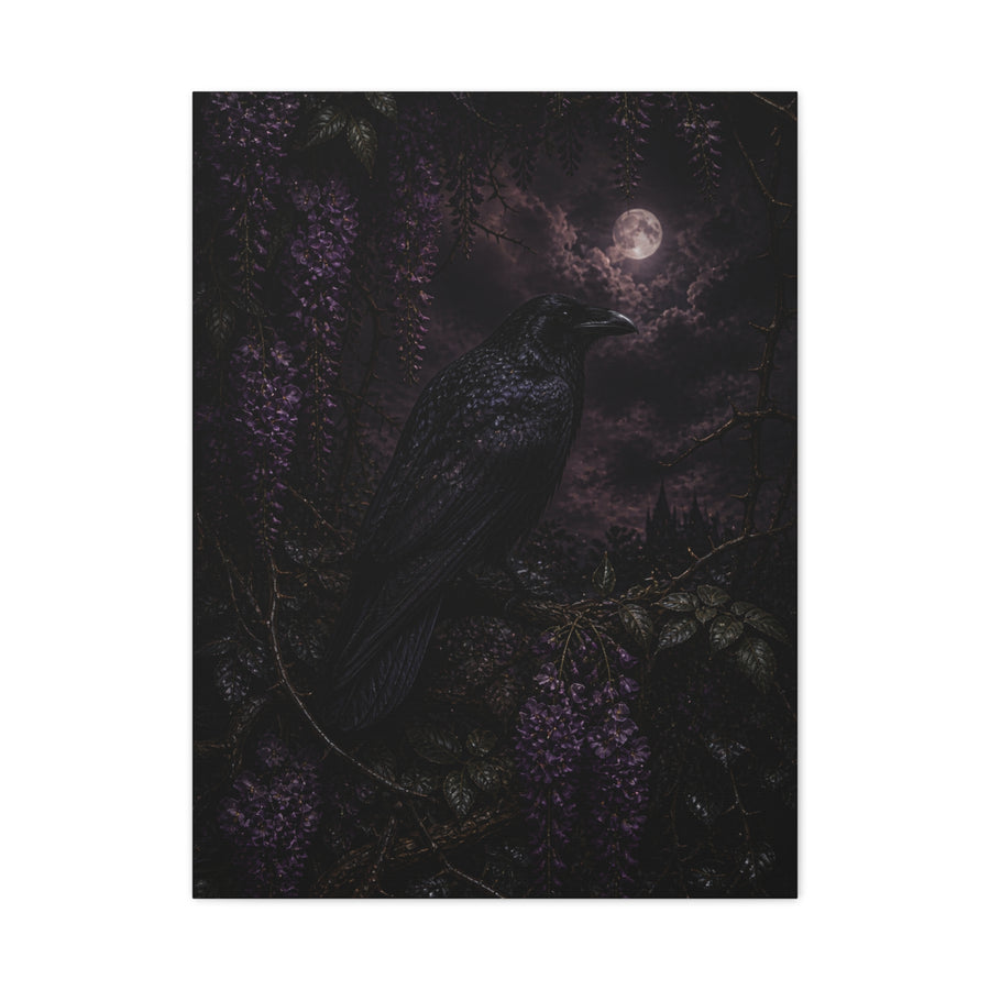 Raven in Wisteria Moonlit Scene Wall Art & Canvas Print