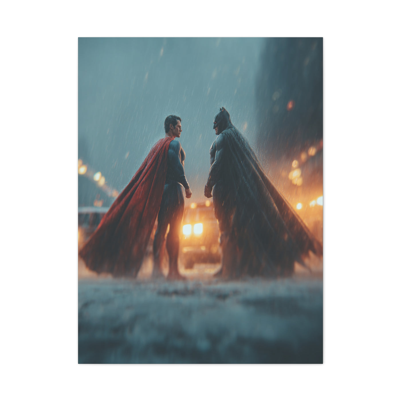 Batman vs Superman Rainy Gotham Clash Poster Wall Art & Canvas Print