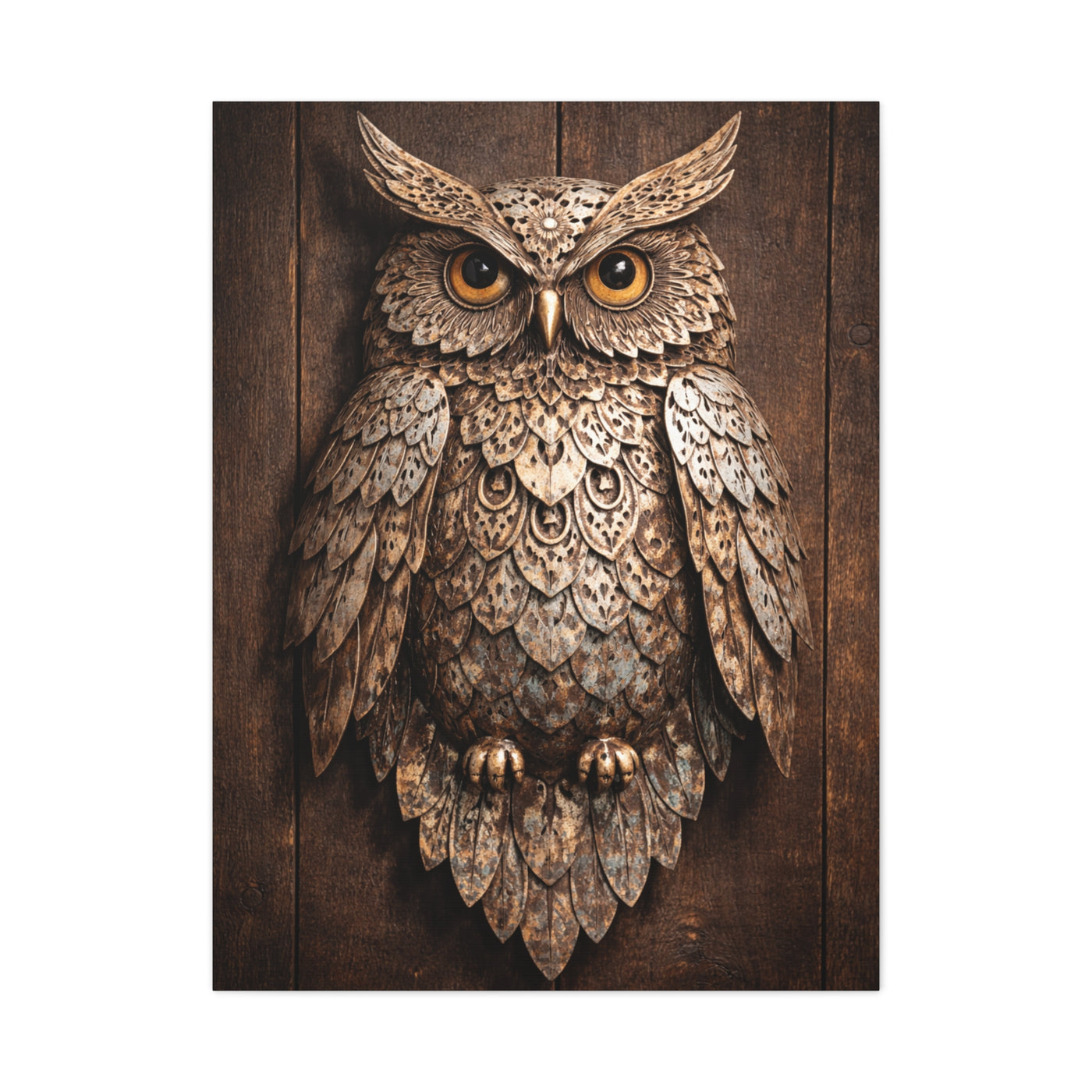 Rustic Metal Owl Sculpture Wall Art & Canvas Print