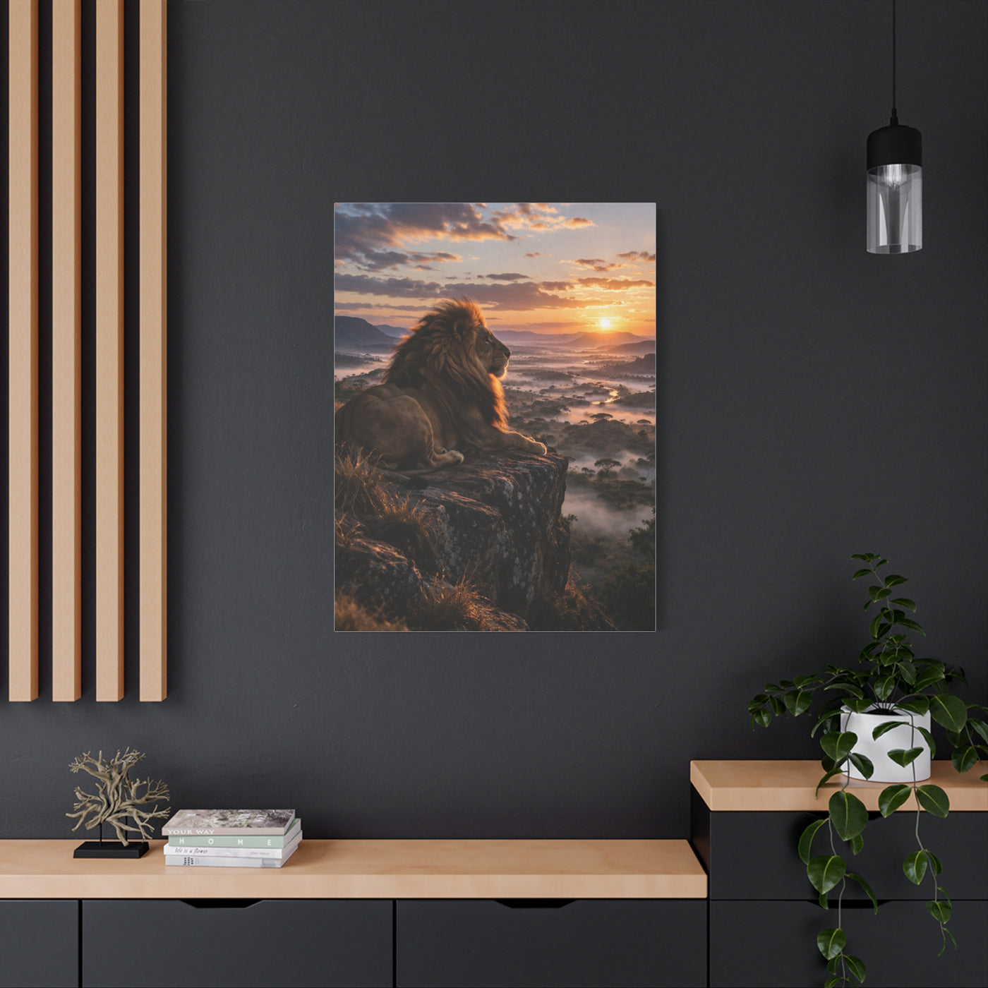 Lion at Sunrise Over Savannah Valley Wall Art & Canvas Print