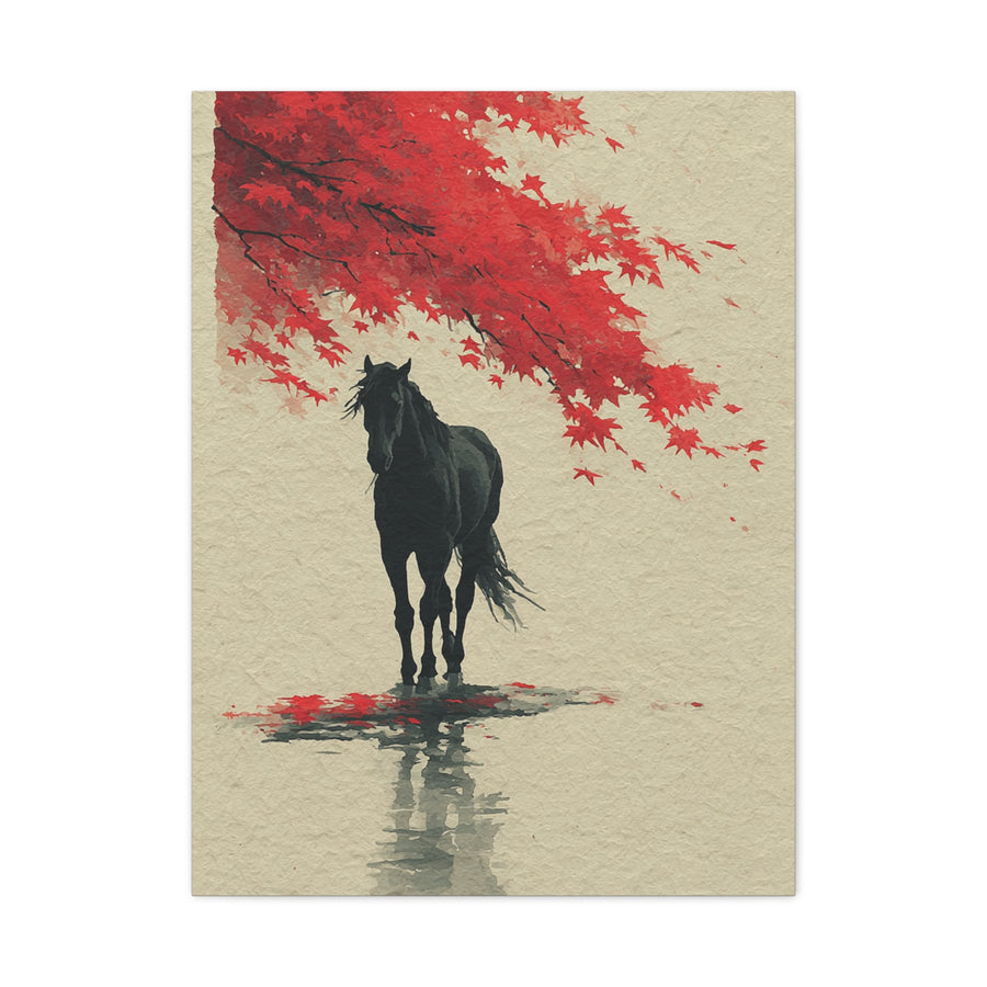 Minimal Horse Silhouette Under Red Maple Wall Art & Canvas Print