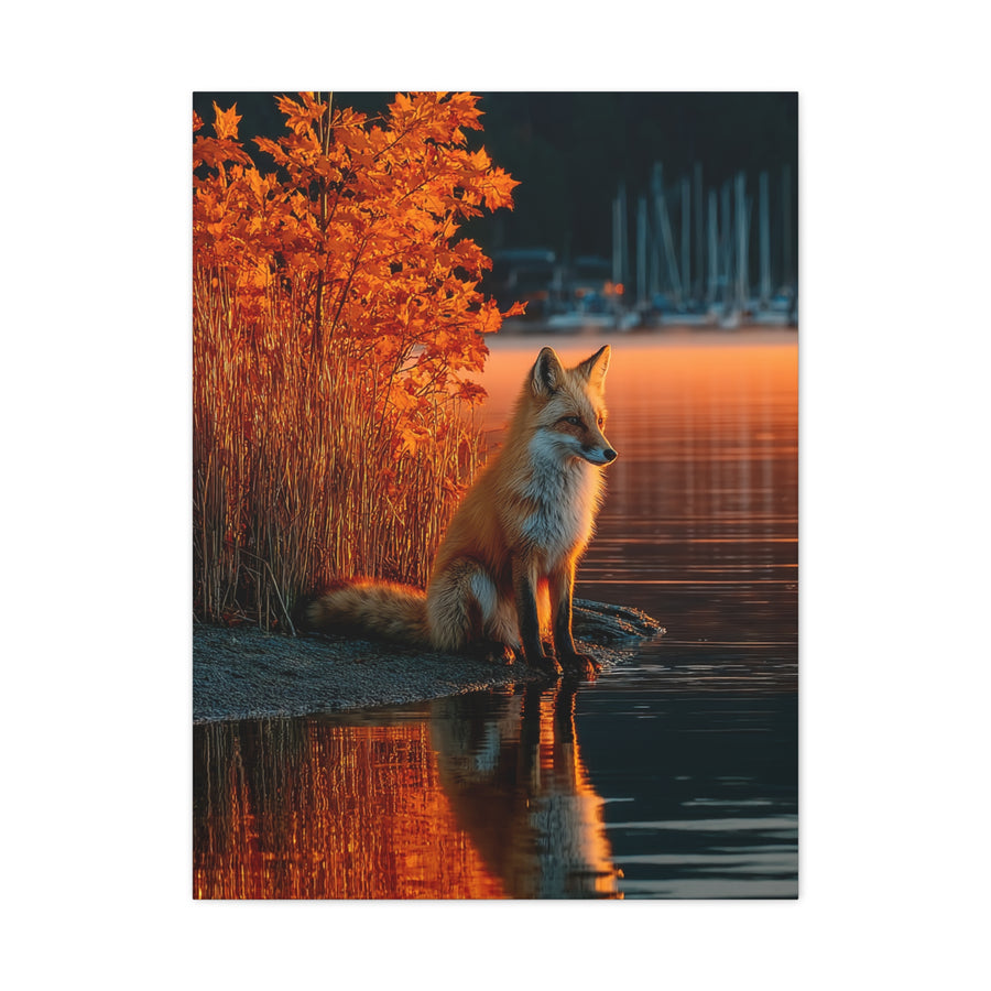 Autumn Lakeside Fox Reflection Wall Art & Canvas Print