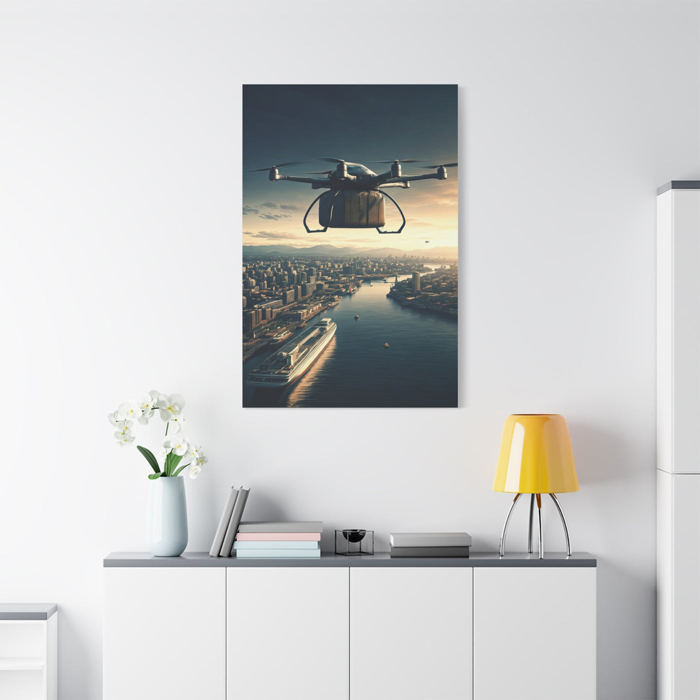 Futuristic Delivery Drone Over City Wall Art & Canvas Prints