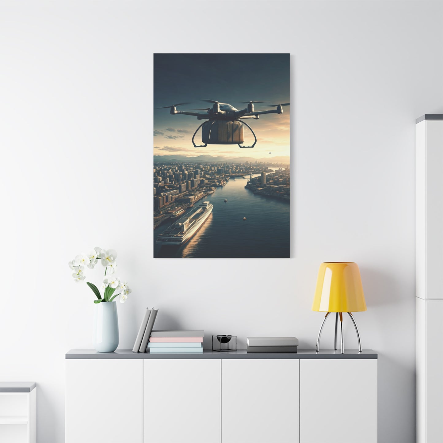 Futuristic Delivery Drone Over City Wall Art & Canvas Prints