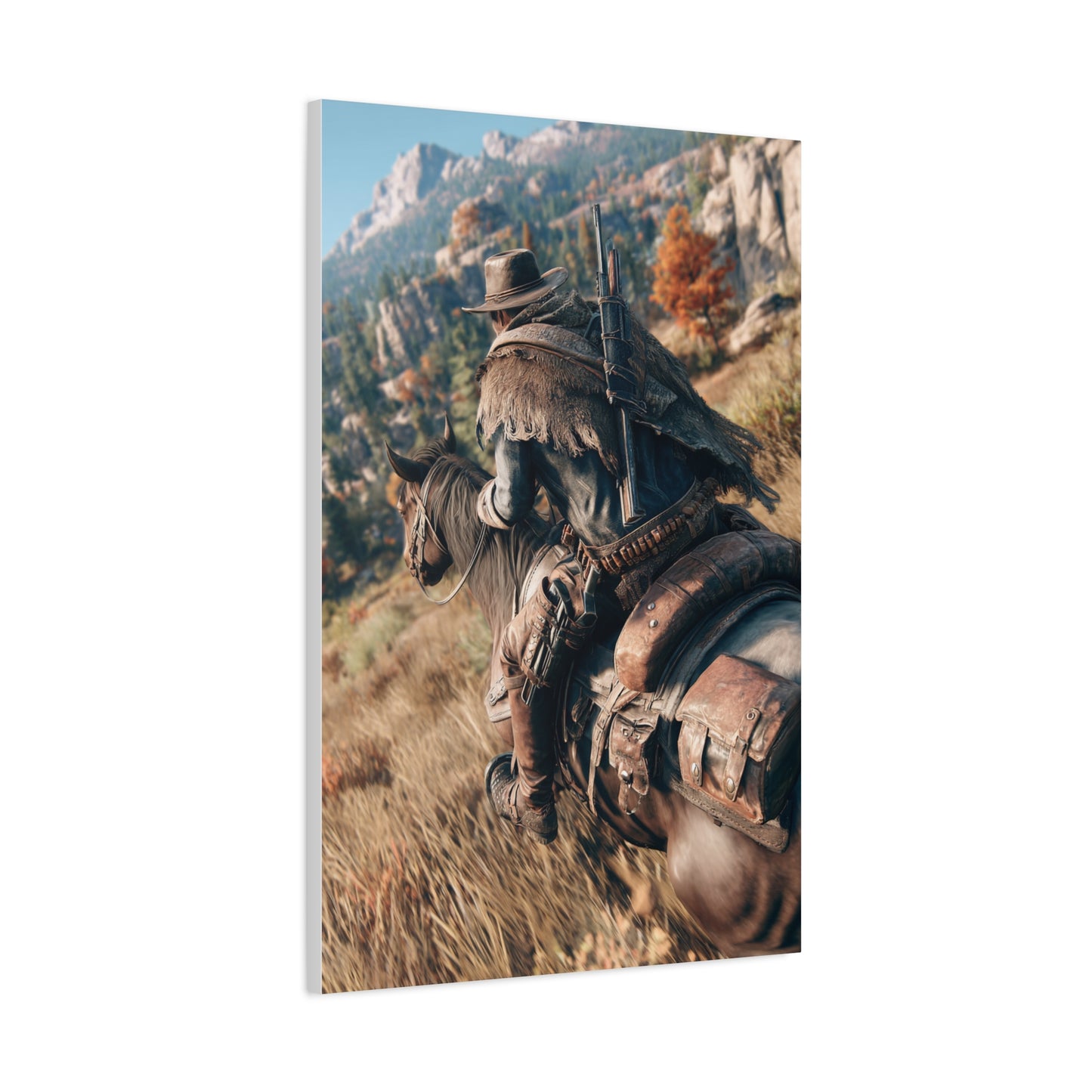 Cowboy Riding Through Mountain Canyon Wall Art & Canvas Print