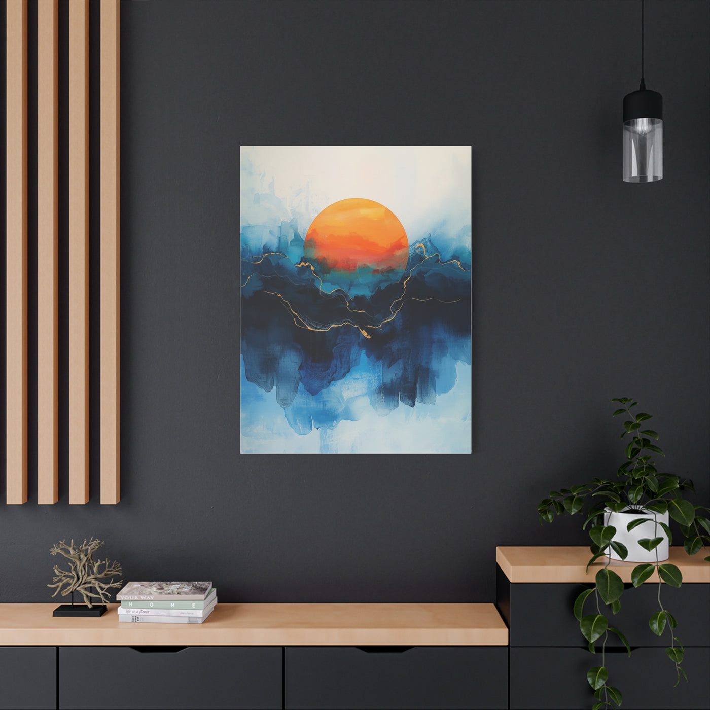 Orange Sun Over Indigo Waves Abstract Wall Art & Canvas Print