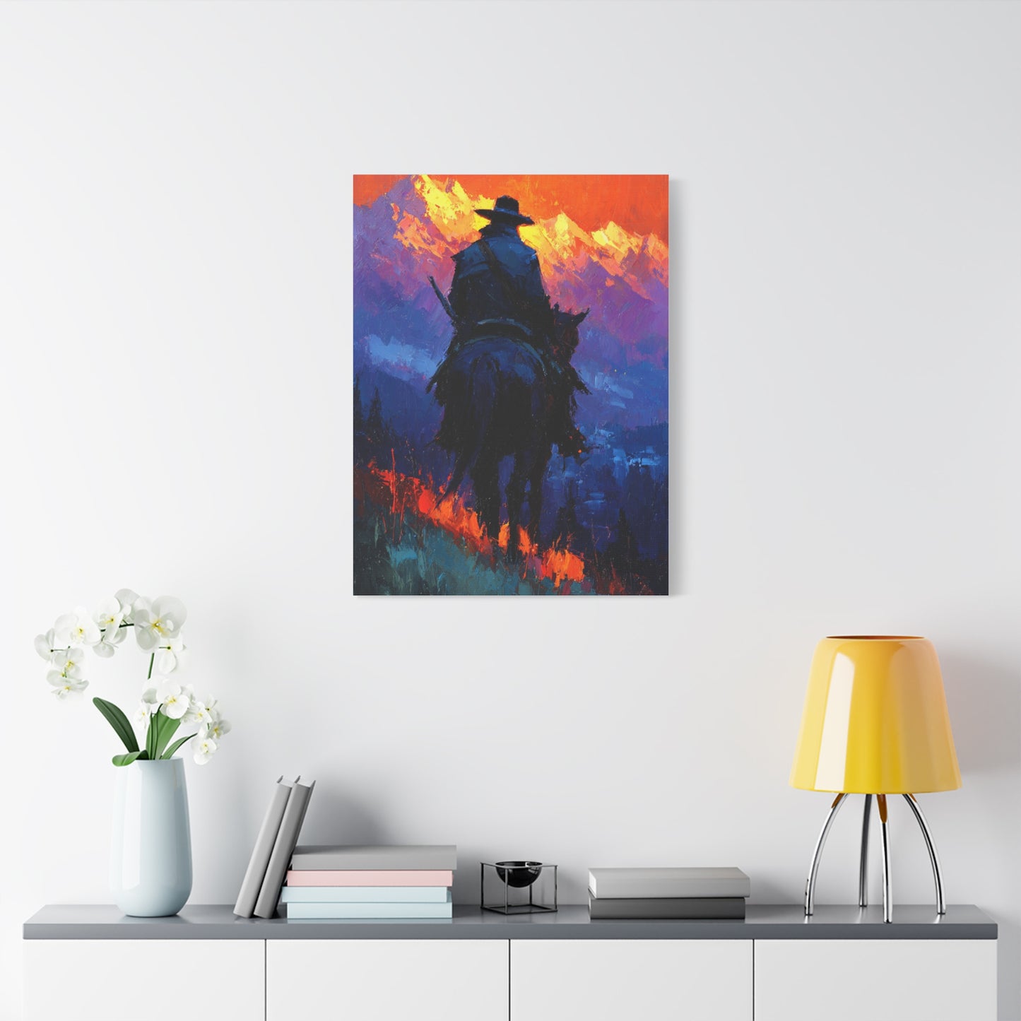 Sunset Ridge Cowboy Painting Wall Art & Canvas Print