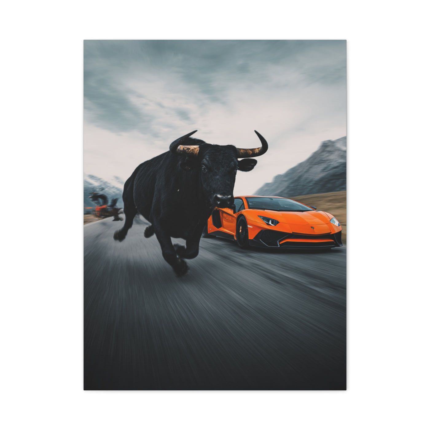 Charging Bull vs Lamborghini Aventador Power Duel Wall Art & Canvas Print