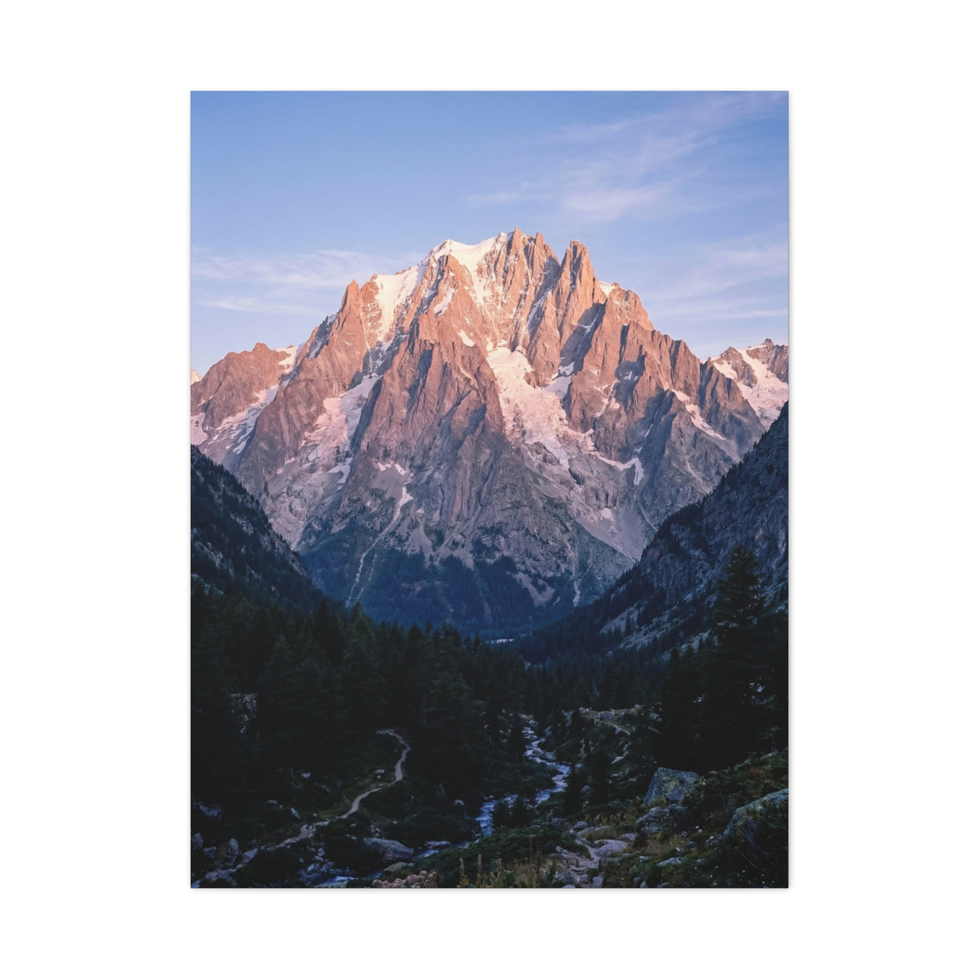 Sunlit Alpine Peak & Forest Valley Wall Art & Canvas Print