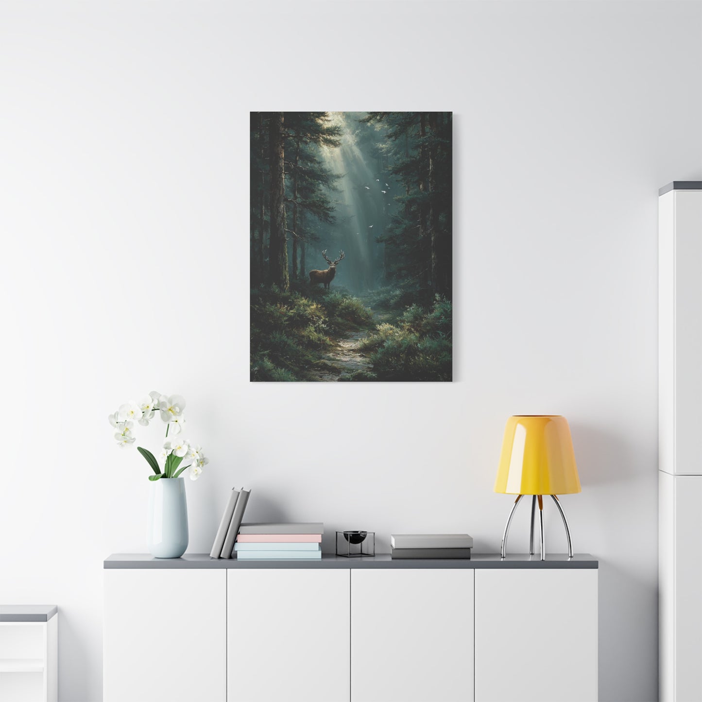 Sunlit Evergreen Forest Stag Wall Art & Canvas Print