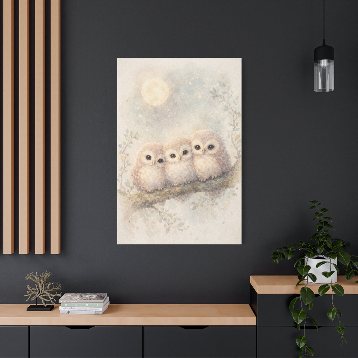 Moonlit Owlet Trio Watercolor Wall Art & Canvas Print