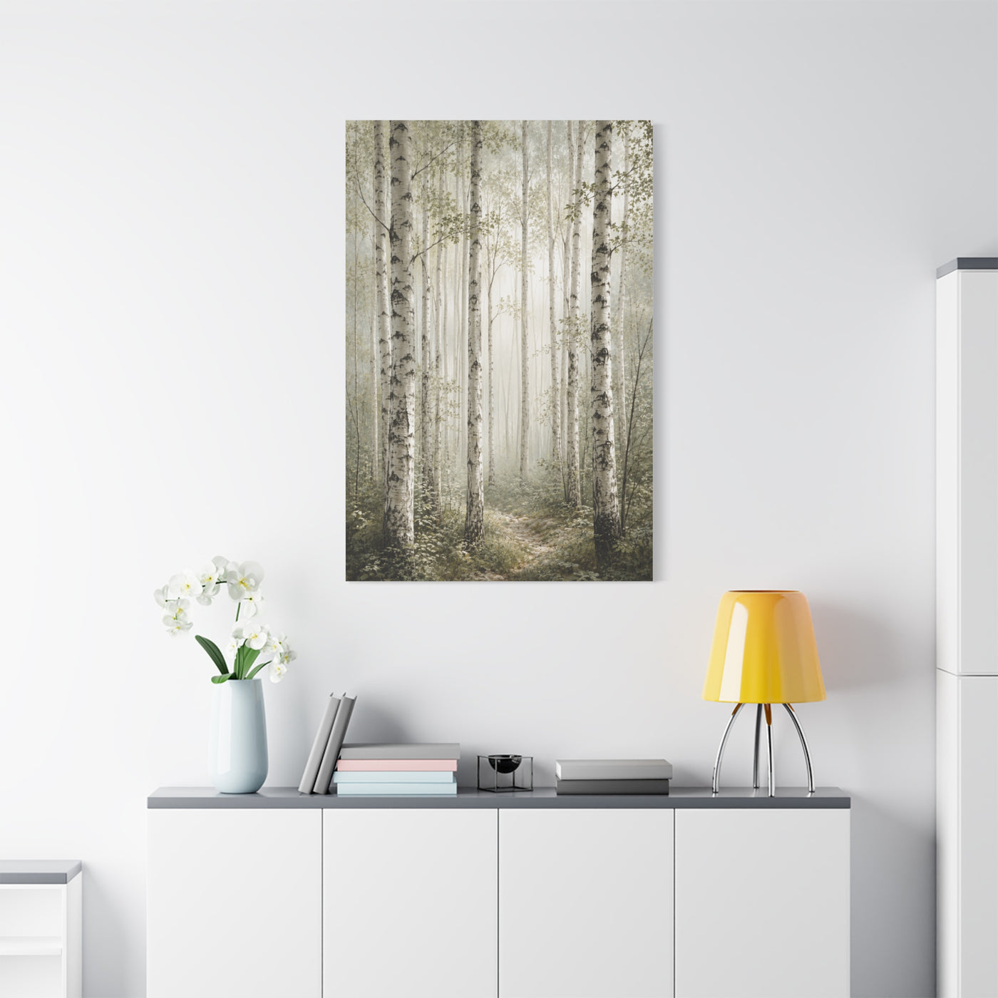 Soft Birch Forest Pathway Trees Wall Art & Canvas Print
