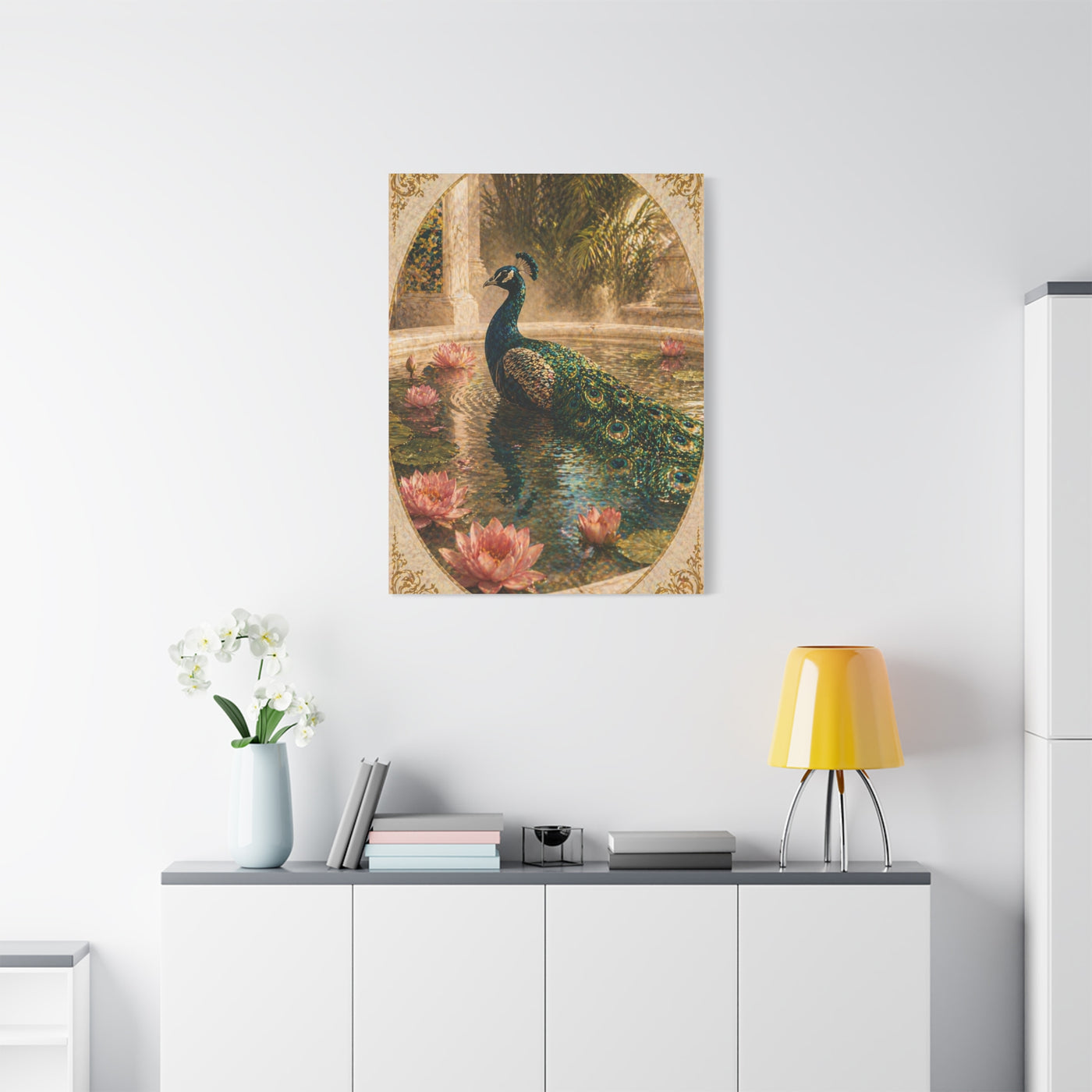 Lotus Pool Peacock Reflection Wall Art & Canvas Print