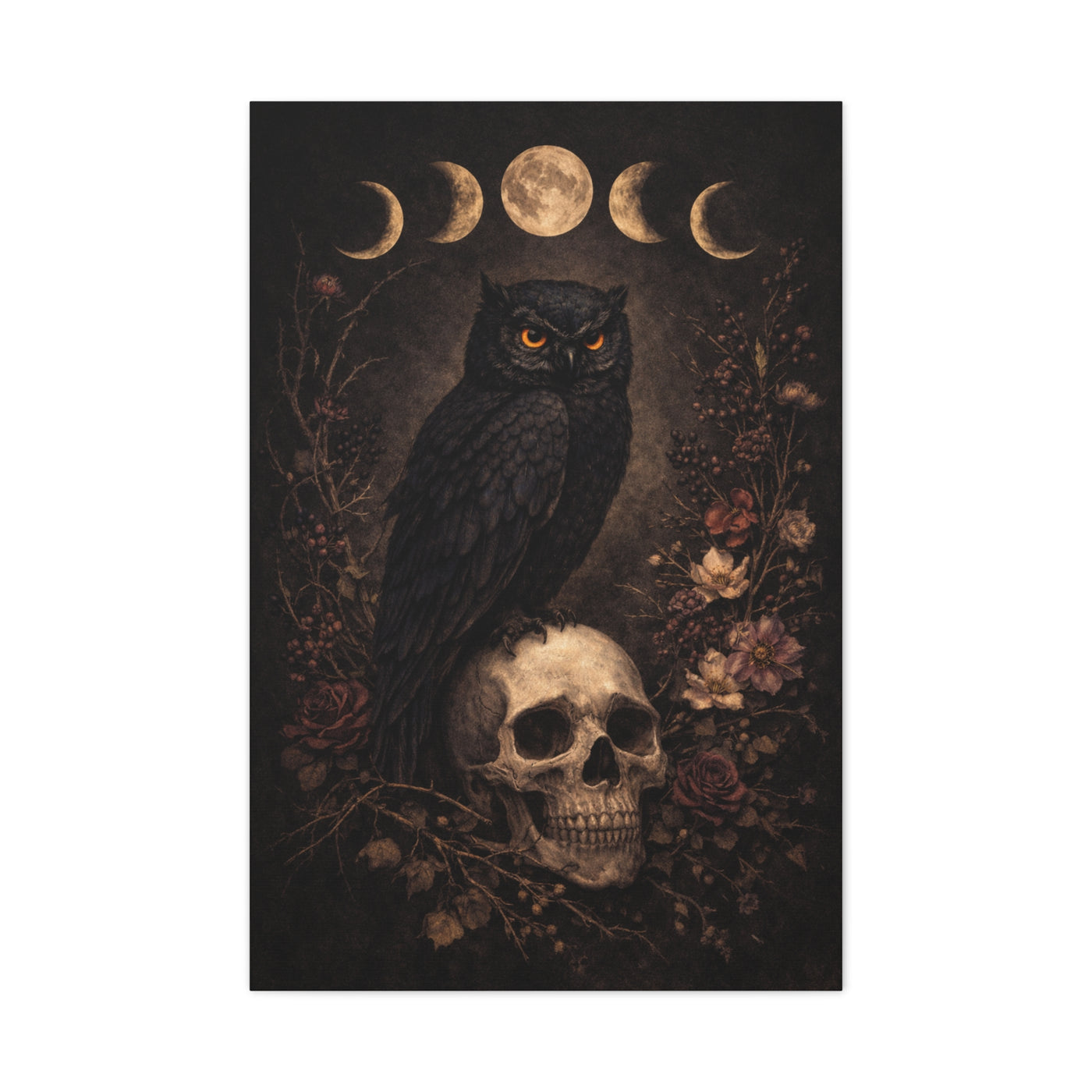 Gothic Moon Phase Owl Skull Wall Art & Canvas Print