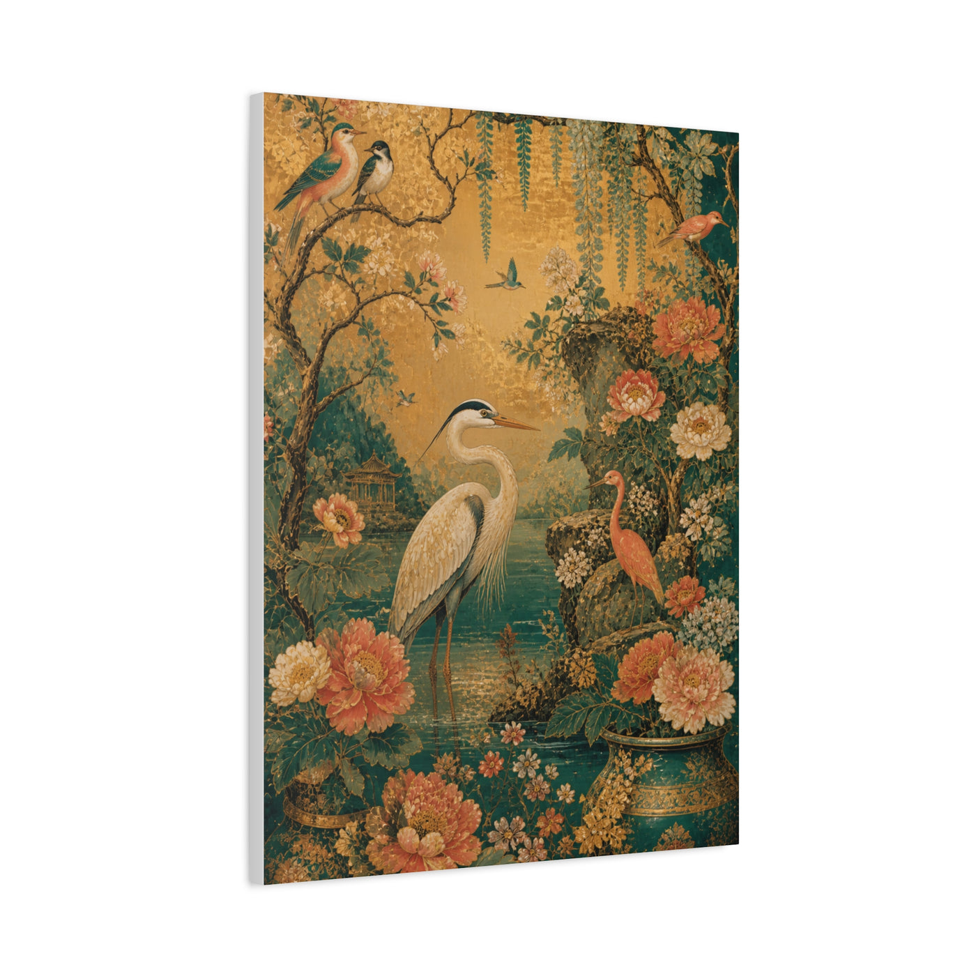 Golden Chinoiserie Garden Scene Wall Art & Canvas Print
