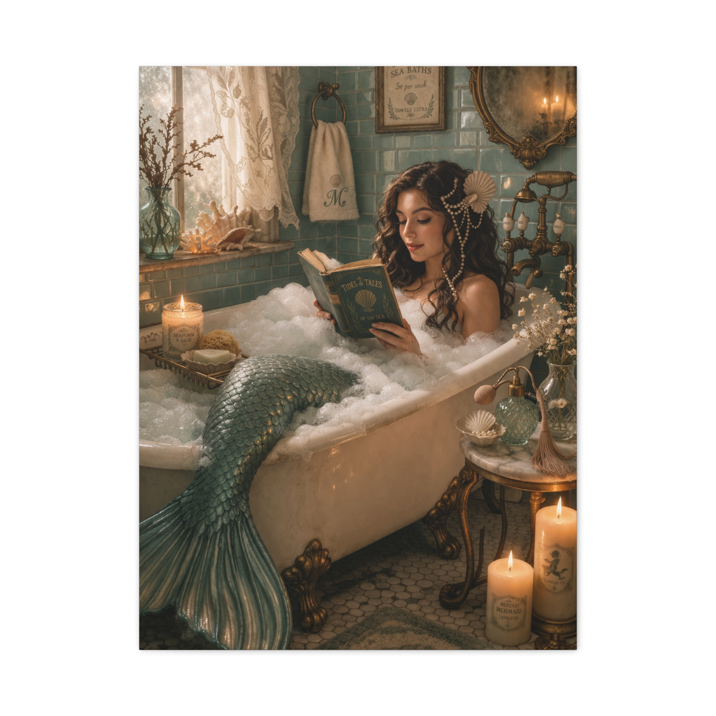 Vintage Bath Mermaid Reading Wall Art & Canvas Print