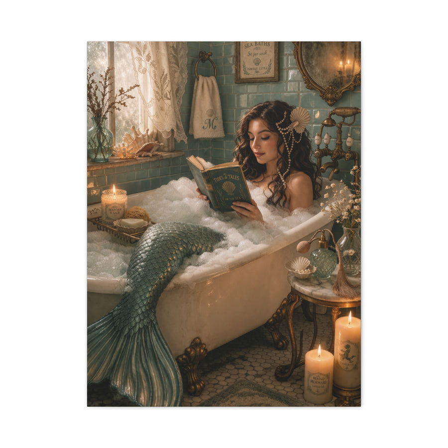 Vintage Bath Mermaid Reading Wall Art & Canvas Print