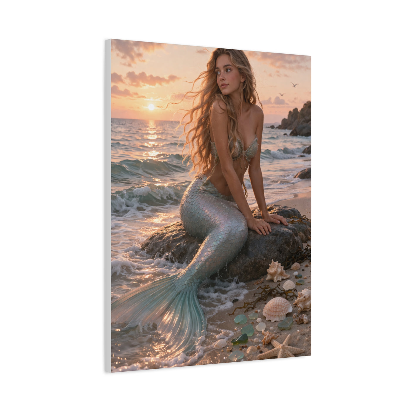 Golden Sunset Shore Mermaid Wall Art & Canvas Print