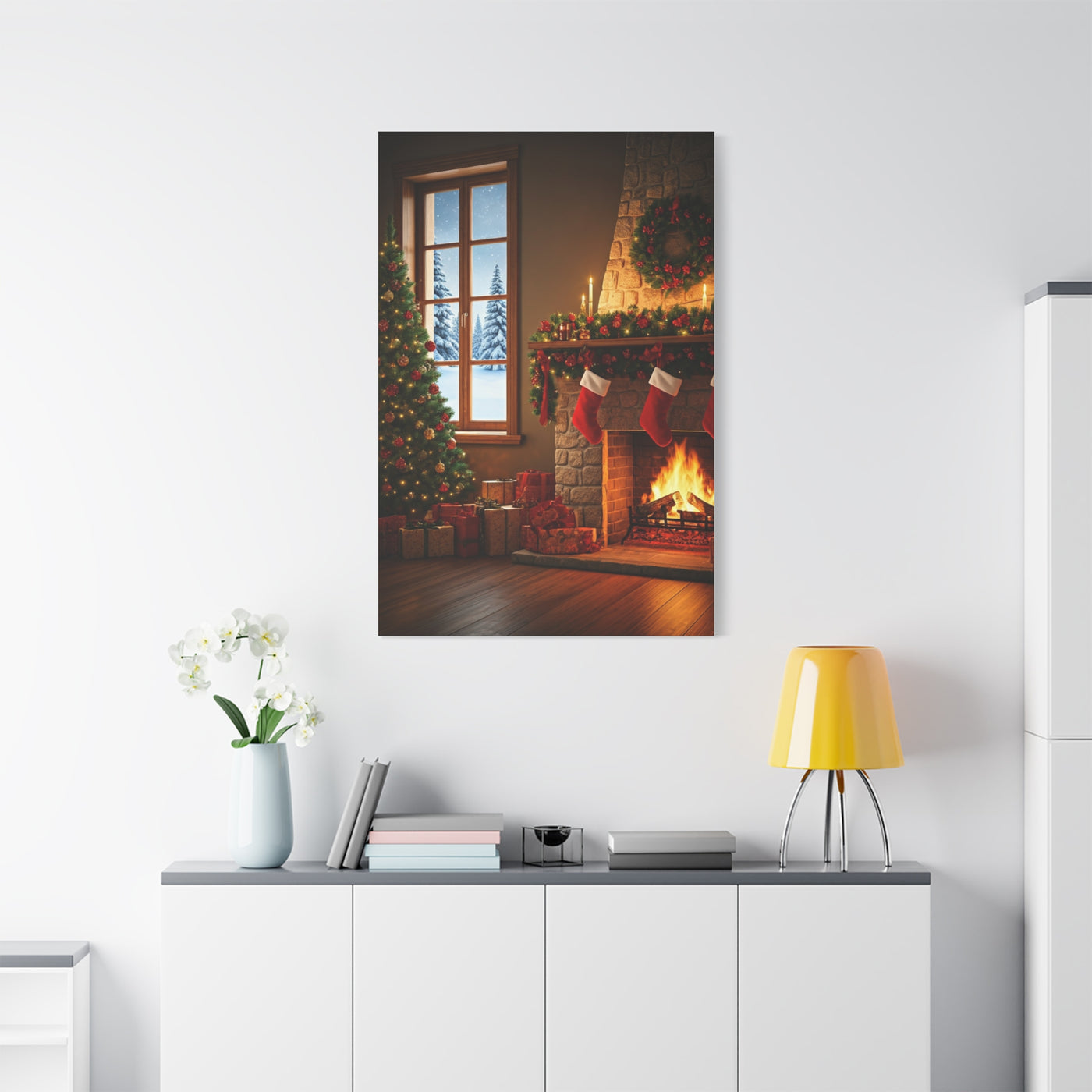 Cozy Christmas Fireplace Evening Wall Art & Canvas Print