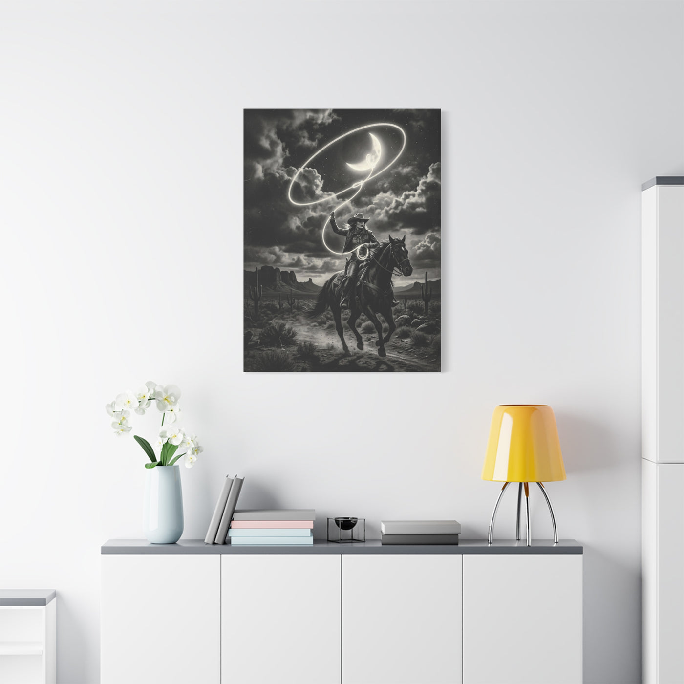 Moon Lasso Cowgirl Night Scene Wall Art & Canvas Print