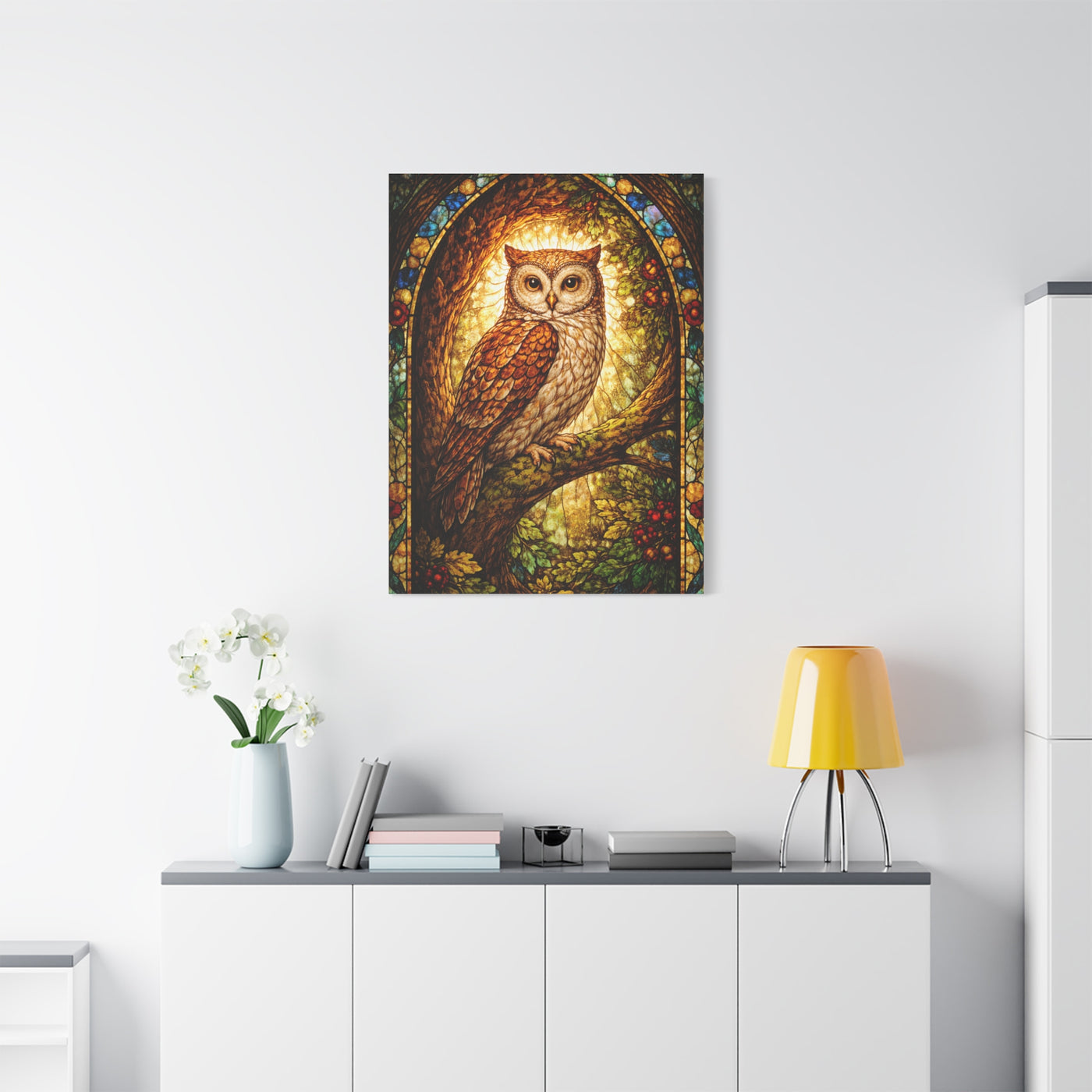 Stained Glass Forest Owl Window Wall Art & Canvas Print