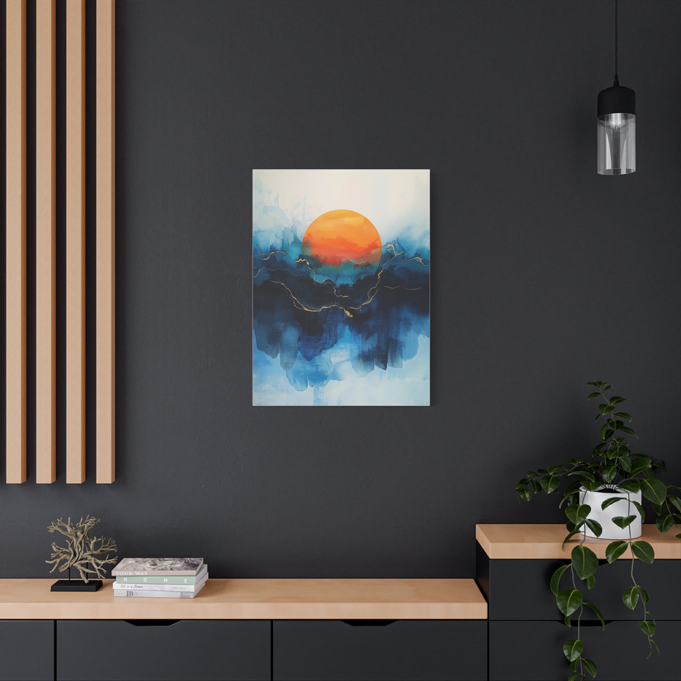 Orange Sun Over Indigo Waves Abstract Wall Art & Canvas Print