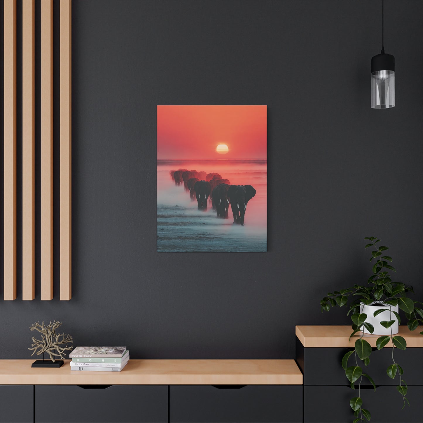Elephant Herd Sunset Journey Wall Art & Canvas Print