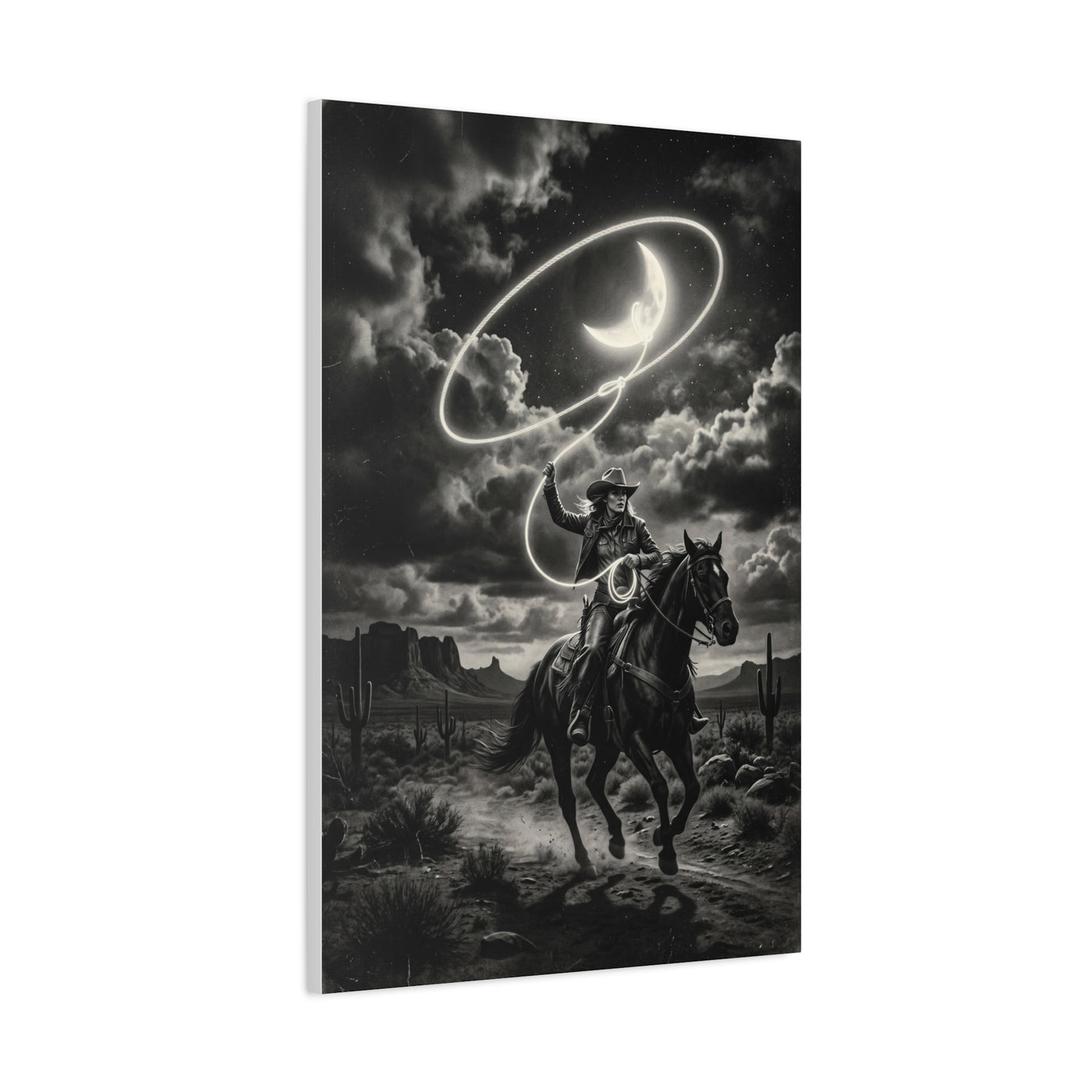 Moon Lasso Cowgirl Night Scene Wall Art & Canvas Print