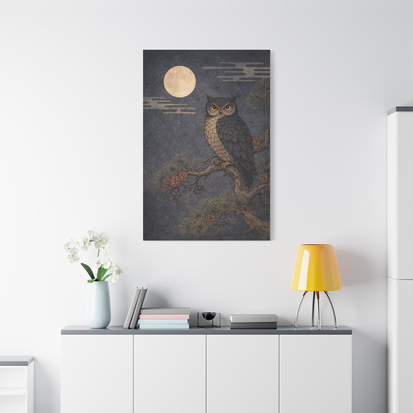 Nocturnal Pine Branch Owl Illustration Wall Art & Canvas Print